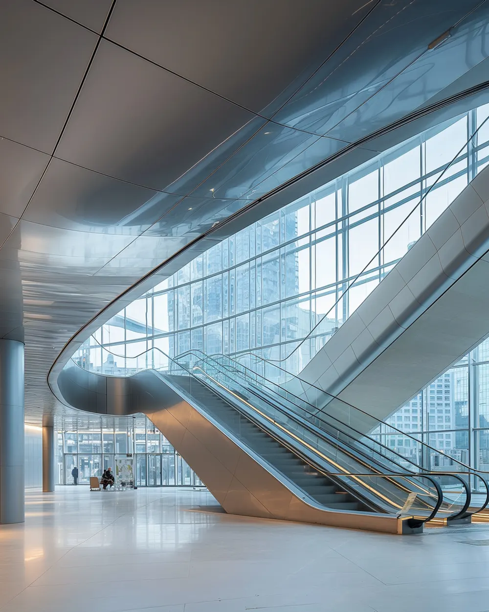 Helles, modernes Büro-Atrium mit Glasfassade